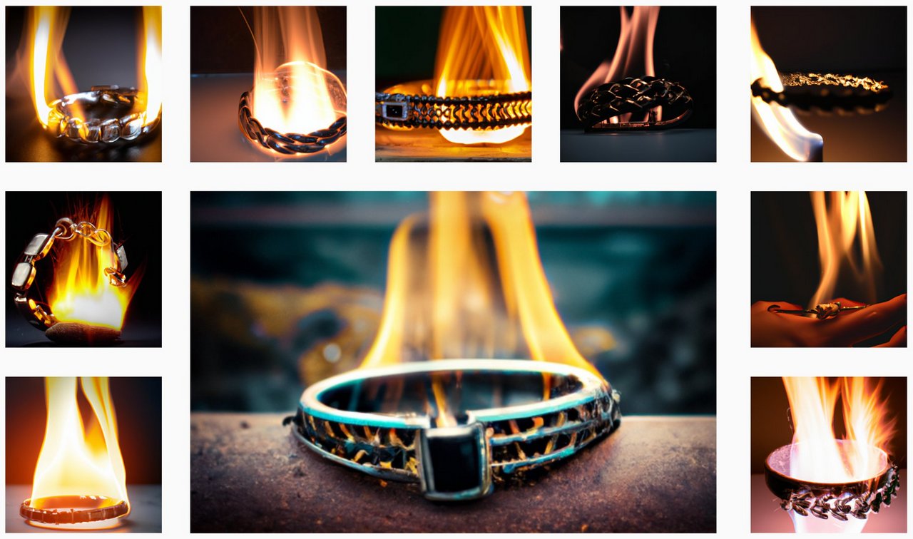 AI generated image of a bracelet caught by a fire
